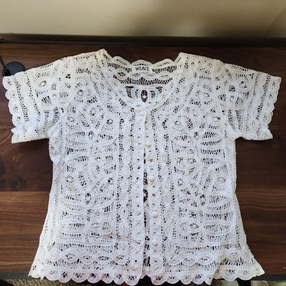 Weavz White Lace Button Up Short Sleeved Cropped Cardigan - Picture 3 of 6